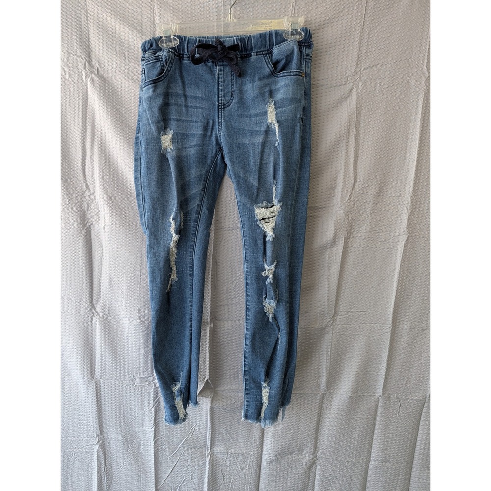 American Bazi Womens Distressed Denim Joggers Blue Ripped Raw Hem Skinny Small